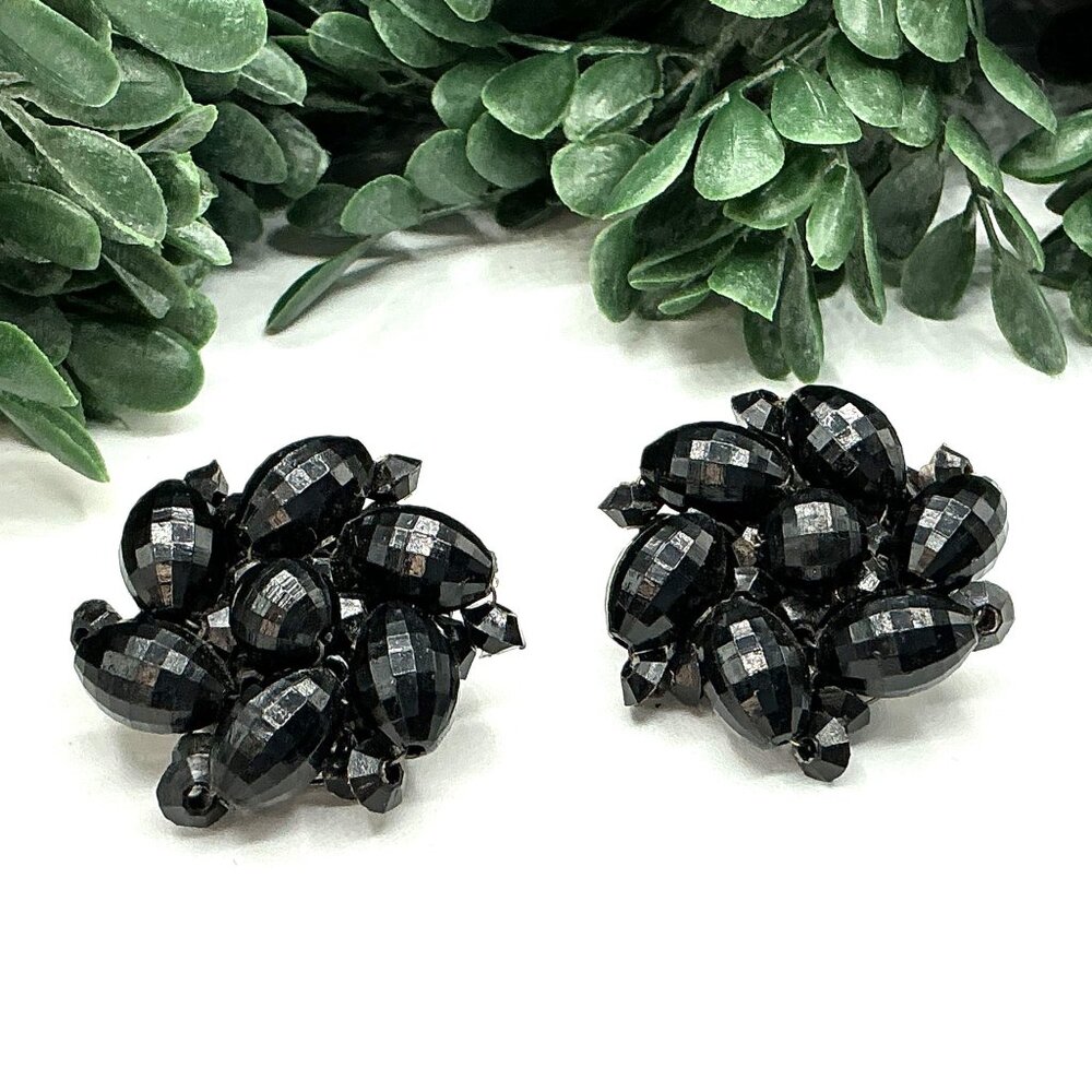 Vintage Black Beaded Cluster Clip-On Earrings